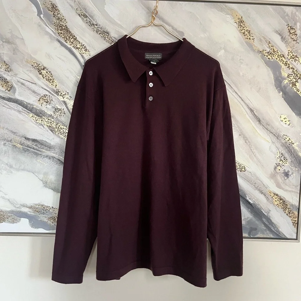 Men's Burgundy Long Sleeve Polo Shirt Wool size XL preppy